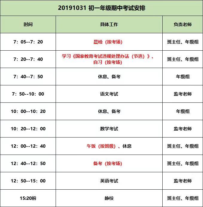 2019-2020学年第一学期期中校考安排